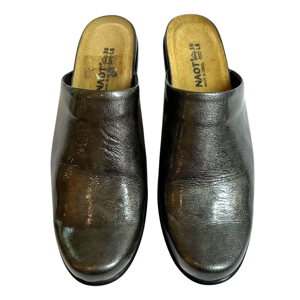 NAOT Pewter Gray Patent Leather Mid Heel Clogs Size 39 - Picture 2 of 9